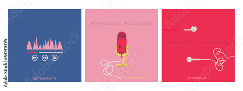 International Podcast Day. A set of square postcards for September 30th. Wired earbuds, equalizer sound wave, studio microphone. Vector illustration for design.