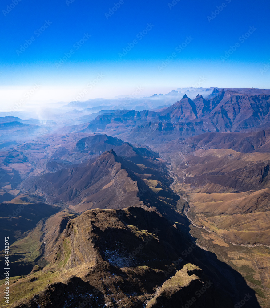 Aerial view of Cathedral Peak in Drakensberg mountains, at the Lesotho border in KwaZulu-Natal province, South Africa