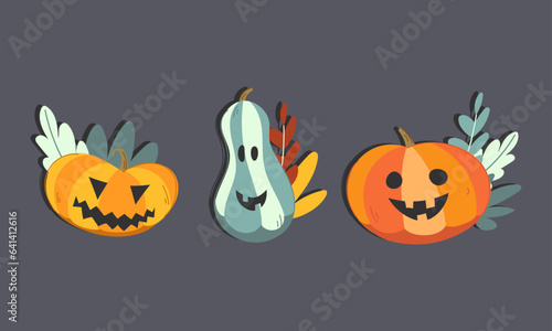Set of 3 vector Halloween pumpkins. 3 cute jack o lanterns with leaves on the grey background.