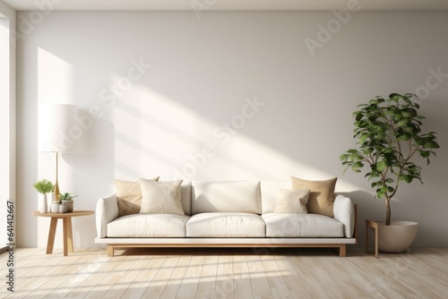 Minimalist living room interior with wooden floor  decor on a large wall. Generative AI