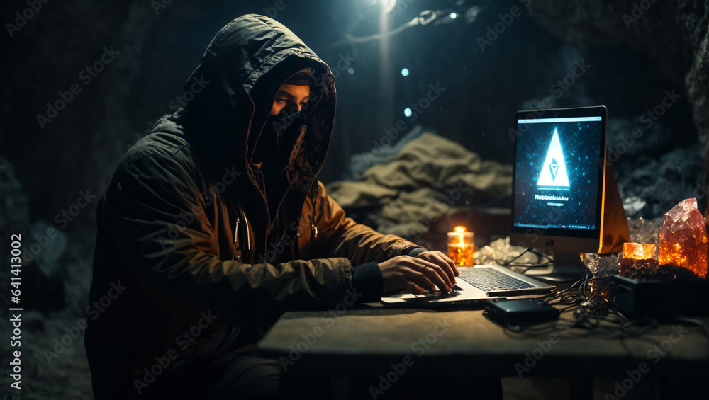Virtual cyber world. Works in the cave, at a computer, with the mask on his fase. Virtual cyber world. Works in the cave, at a computer, with the mask on his fase.