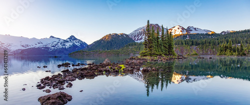 Glacier Lake with trees and Canadian Mountain Landscape. Garibaldi Lake, Whistler, BC, Canada.