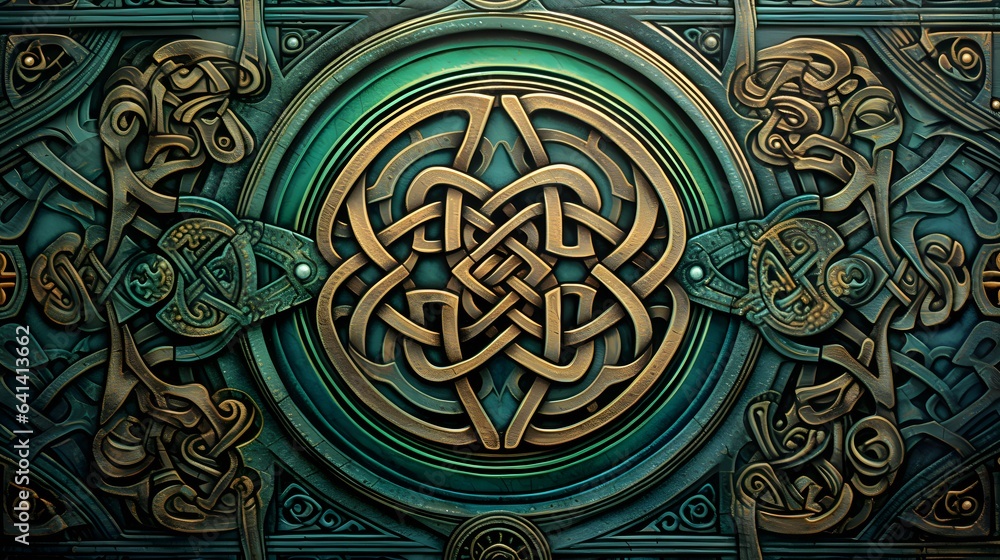 motif celtique circulaire vert et bronze, généré par IA