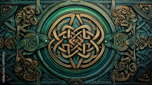 motif celtique circulaire vert et bronze, généré par IA