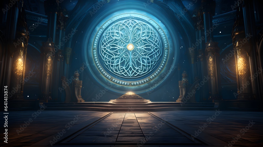 motif celtique circulaire bleu lumineux dans un temple, généré par IA