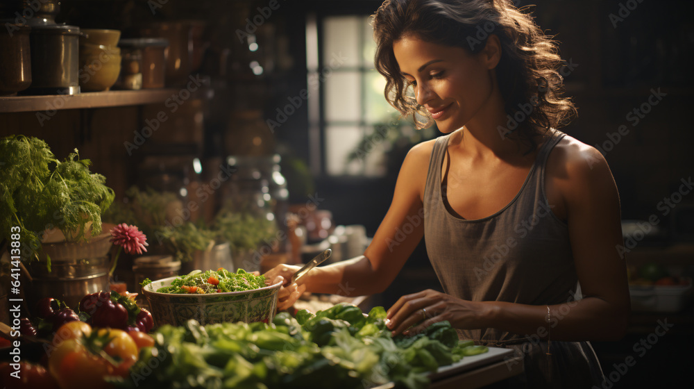 joyful Hispanic mother carefully chooses fresh vegetables in her kitchen, all set to craft a wholesome organic salad. joyful Hispanic mother carefully chooses fresh vegetables in her kitchen, all set to craft a wholesome organic salad.