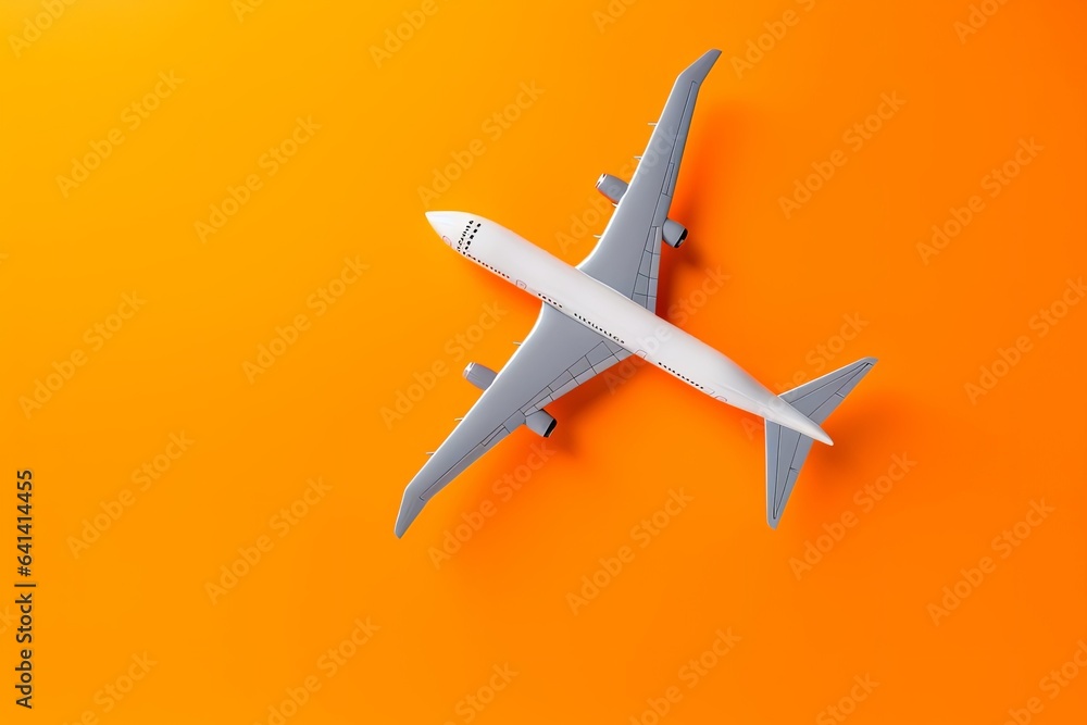 Top view of orange background and airplane. Concept of travel, vacation, Generative AI