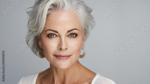 A delightful woman in her 50s  set against a white backdrop  locks eyes with the camera.