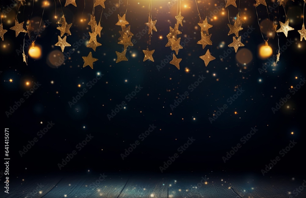 Christmas warm gold garland lights over dark background with glitter overlay, Generative AI - obrazy, fototapety, plakaty 