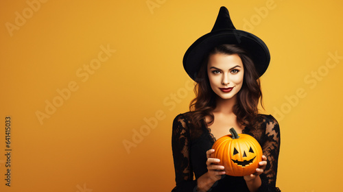 Magician woman wearing black costume and halloween makeup holding carved pumpkin, isolated over yellow background