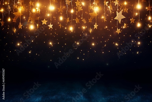 Christmas warm gold garland lights over dark background with glitter overlay  Generative AI