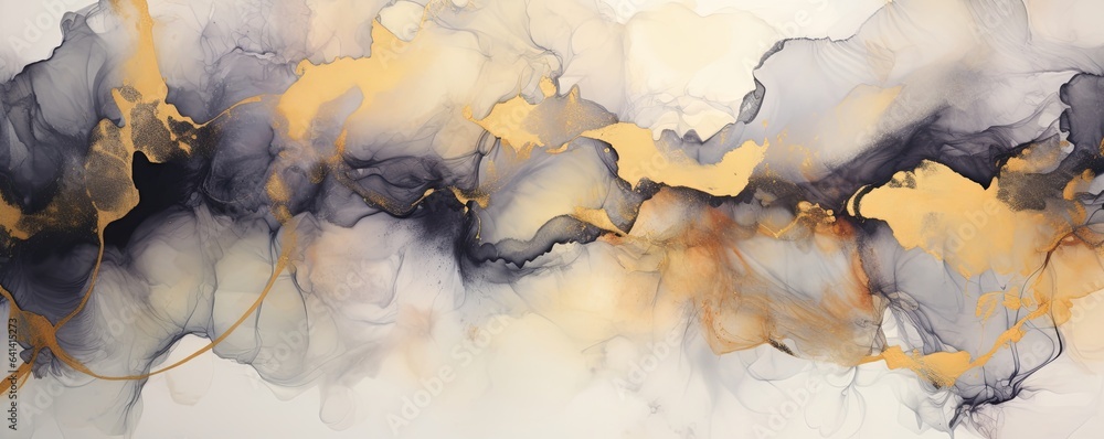 art photography of abstract fluid art painting with alcohol ink, blue, turquoise and gold colors, Generative AI