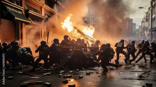 Police fending off demonstrators amid tear gas-filled riots in the streets. Generative AI