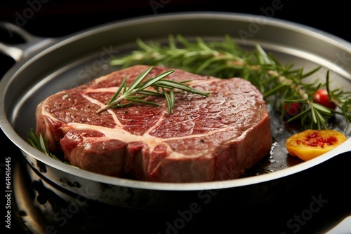 Seasoned leg cut of Angus steak in steel pan, garnished with fresh rosemary