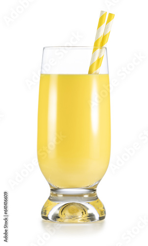 Pineapple mango tropical smoothie in a glass with drinking straws isolated on white background. Real studio shot.
