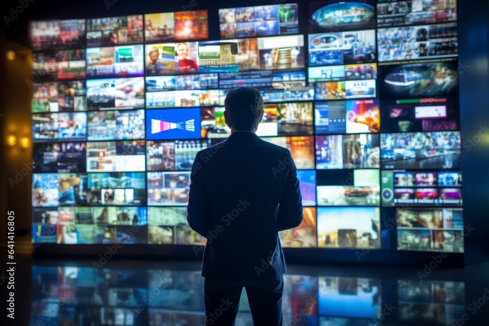 rear view businessman looking at wall media full of monitor tv or online media broadcast advertising communication businessman and media technology concept rear view businessman looking at wall media full of monitor tv or online media broadcast advertising communication businessman and media technology concept
