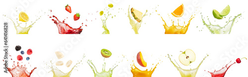 Set of fruit slices and berries falling into juice splashes in a line isolated on white background. Authentic studio photos of healthy drinks.