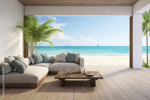 beautiful home interior space wooden floor with ocean seaside sea sand beach summer freshness travel season window view house design tropical style, Generative ai. © Natee Meepian