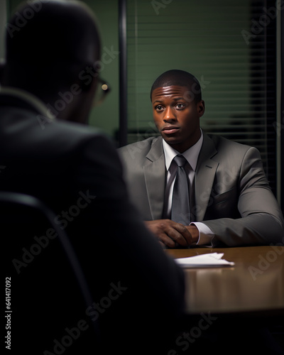 Man in a suit at a job interview at an office, sitting across the table from HR and the manager. Concept of job searching, head hunters and career choices. Shallow field of view.