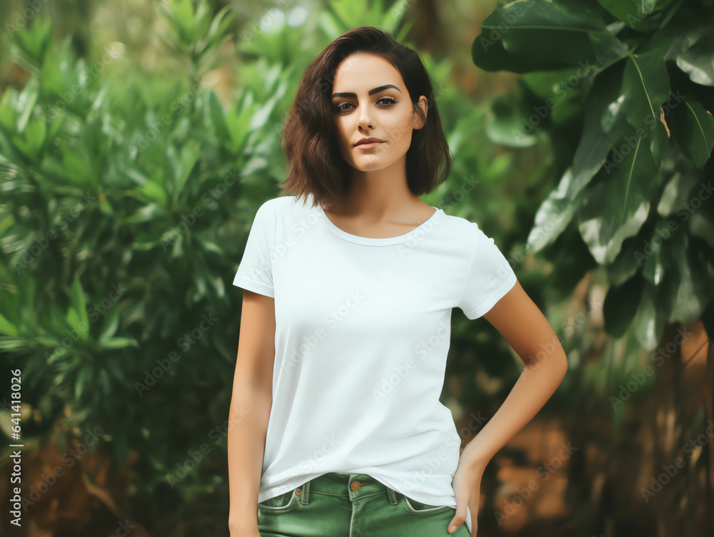Attractive young woman wearing blank empty white t-shirt mockup for design template Attractive young woman wearing blank empty white t-shirt mockup for design template