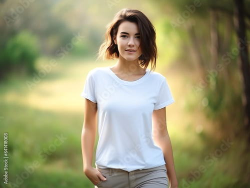 Attractive young woman wearing blank empty white t-shirt mockup for design template