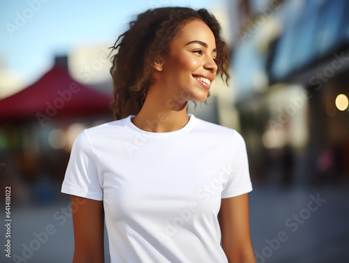 Attractive young woman wearing blank empty white t-shirt mockup for design template