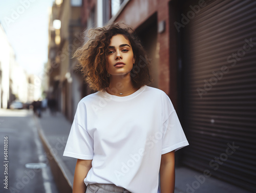 Attractive young woman wearing blank empty oversize white t-shirt mockup for design template © Pemika