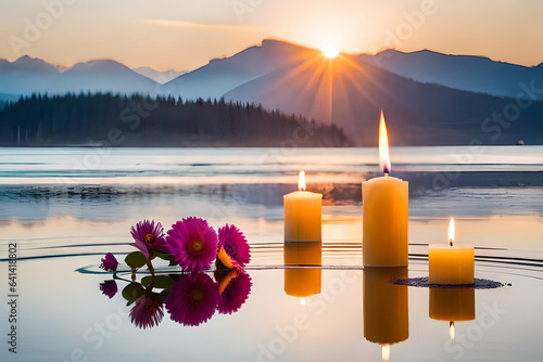 Beautiful composition with burning candles and flowers