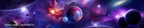 Space scene with planets  stars and galaxies. Banner for web  panorama  horizontal view.  3d render