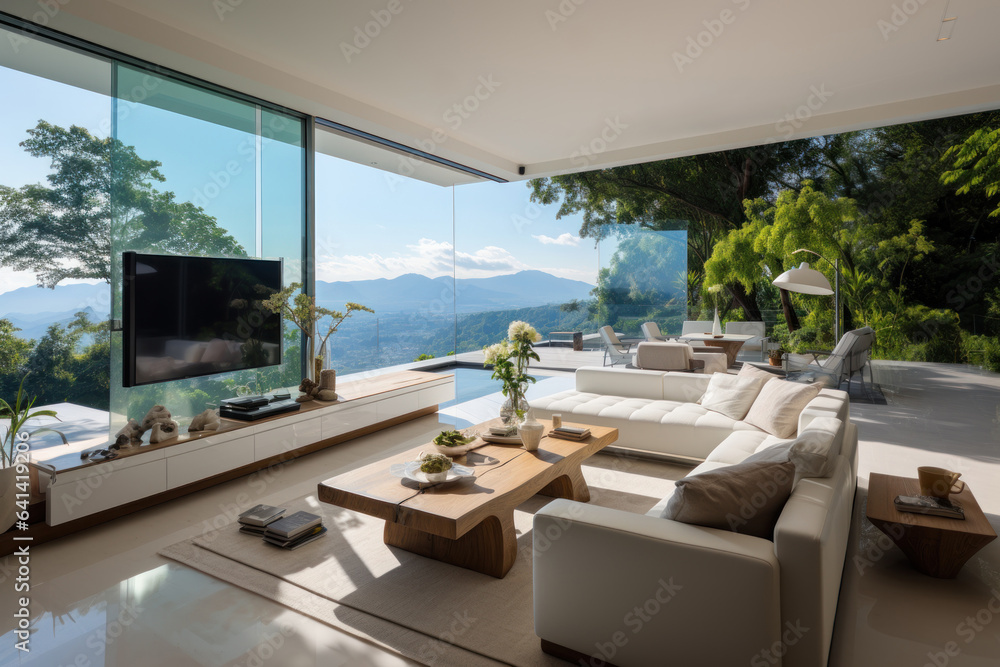 Interior of modern living room with panoramic window and mountain view. generative AI