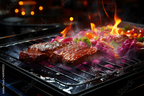 Grilled beef steak with vegetables, barbecue with fire and smoke