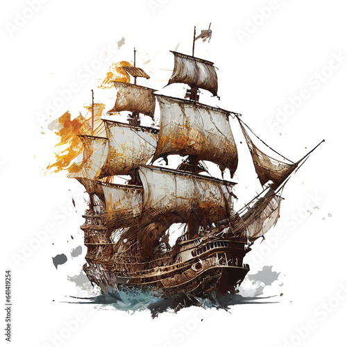 pirate ship. pirate ship in the sea. ship isolated on white. 