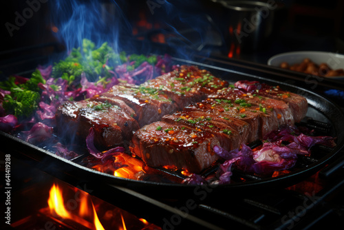 Grilled beef steak with vegetables, barbecue with fire and smoke