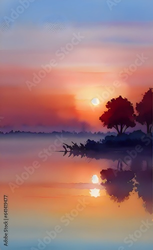 Watercolor sunset over the lake. © Milano
