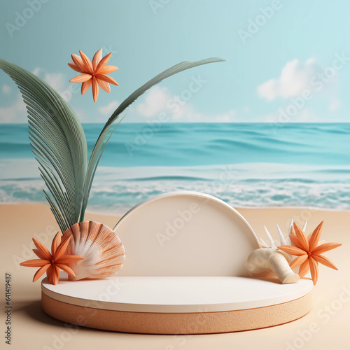 Minimal round marble podium, Aesthetic summer dais, 3D podium with a premium summer beach background, seaside sand, waves, shells and coconut trees for product showcase, AI generated.