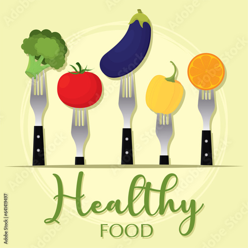 Group of forks with vegetables Healthy food Vector