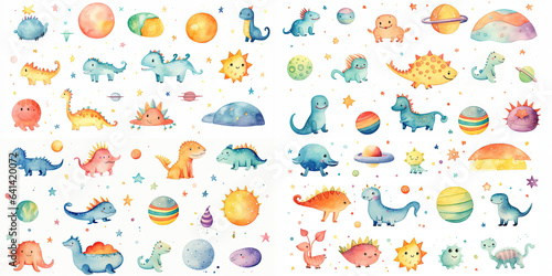 watercolor cute monster set in cute cartoon style isolated on white background, children art style design, Generative Ai