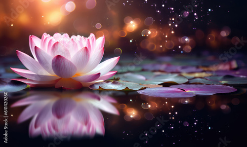 glowing lotus on water, golden bokeh, mediation and zen background, generative AI