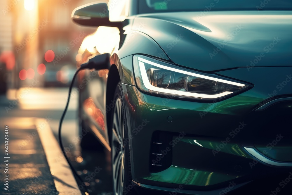 Electric car charging at a gas station in the city. Generative AI Electric car charging at a gas station in the city. Generative AI