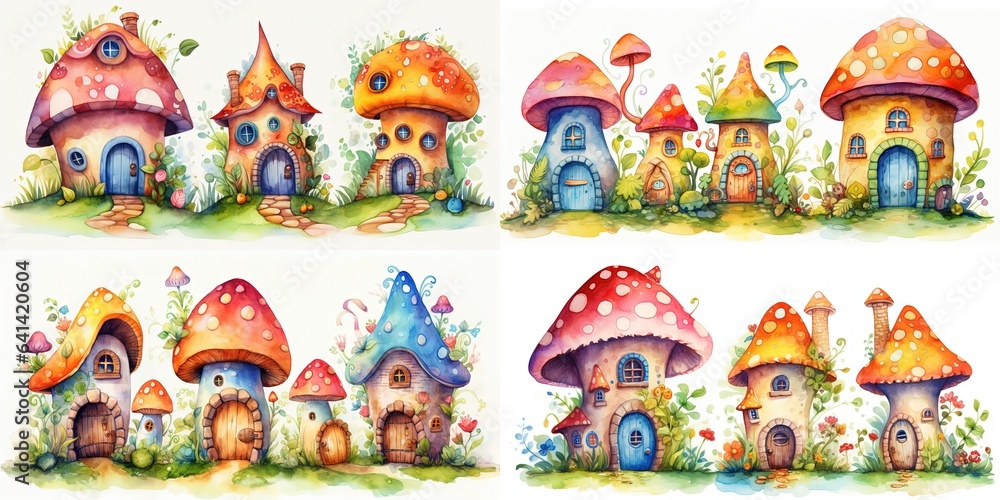 watercolor style illustration of cute cartoon fairytale mushroom house collection set, Generative Ai watercolor style illustration of cute cartoon fairytale mushroom house collection set, Generative Ai