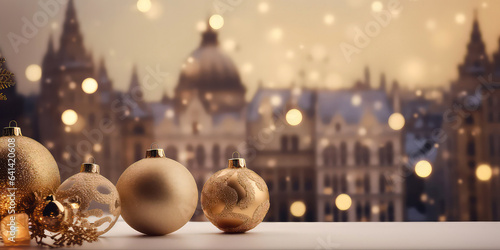 Close up of Christmas decorative composition with christmas balls, candles, garland, golden decoration on windowsill. New year, Xmas background. Winter greeting card. Holidays template.Generative ai