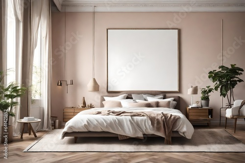 An elegantly appointed bedroom featuring a blank white canvas frame for a mockup on a softly colored wall. 