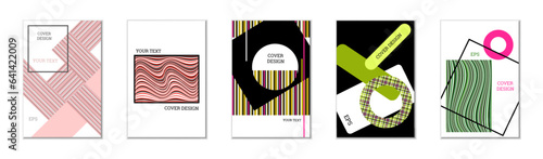 Geometric cover design, set of 5 covers. Abstract unusual background in Memphis style. Bright geometric shapes in random order
