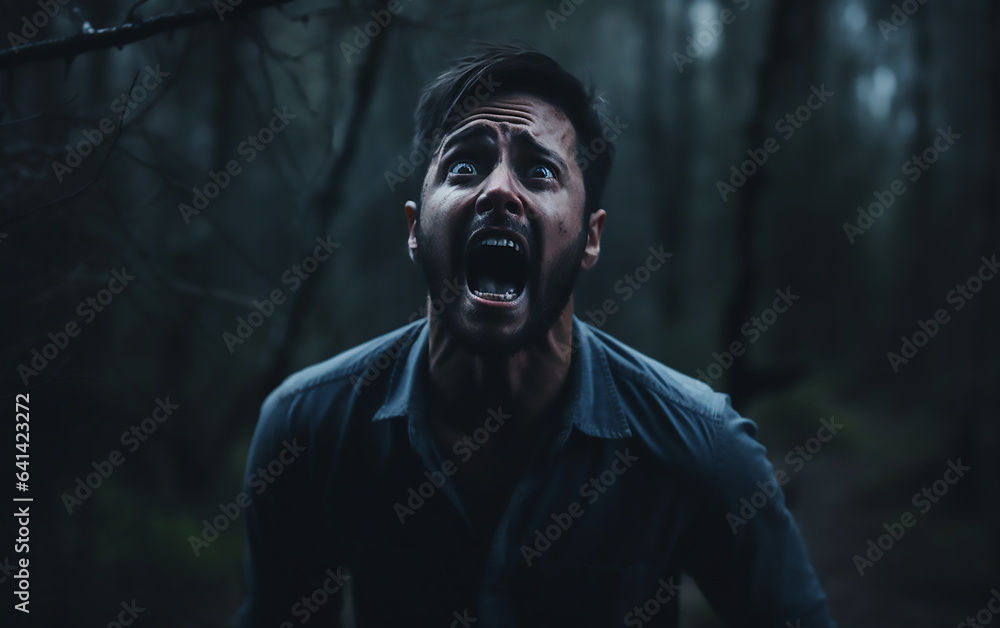 A scared person screaming in dark forest. Generative AI.