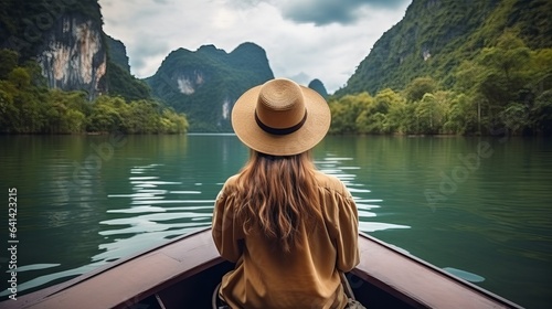 Traveler asian woman relax and travel on Thai longtail boat in Ratchaprapha Dam at Khao Sok National Park Surat Thani Thailand Generative AI © Nijat