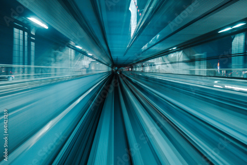 Motion blurred of train moving inside tunnel with daylight in tokyo  Japan.