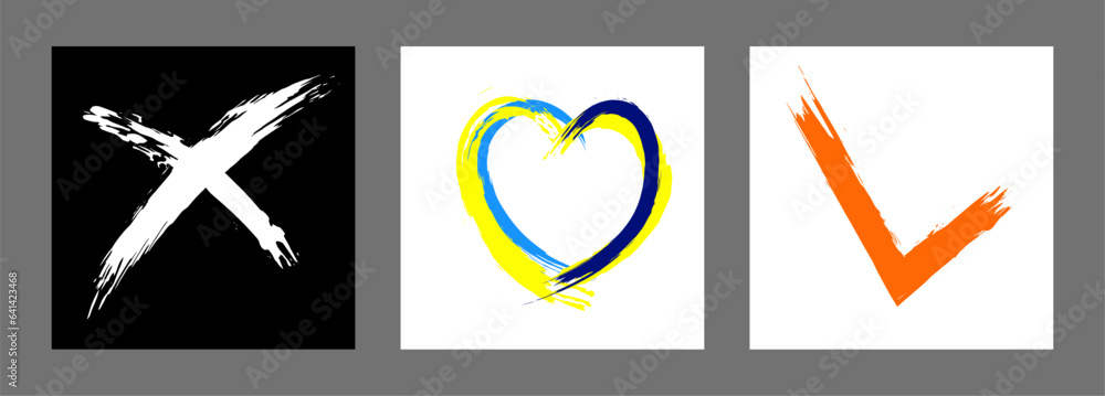 The cross, heart and OK symbol are hand-drawn with a brush. Prohibition, denial, error. Love. Approval, consent. Vector, set of 3 characters The cross, heart and OK symbol are hand-drawn with a brush. Prohibition, denial, error. Love. Approval, consent. Vector, set of 3 characters