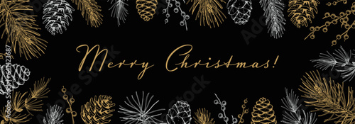 Merry Christmas and Happy New Year horizontal greeting card with hand drawn golden evergreen branches and cones on black background. Vector illustration in sketch style