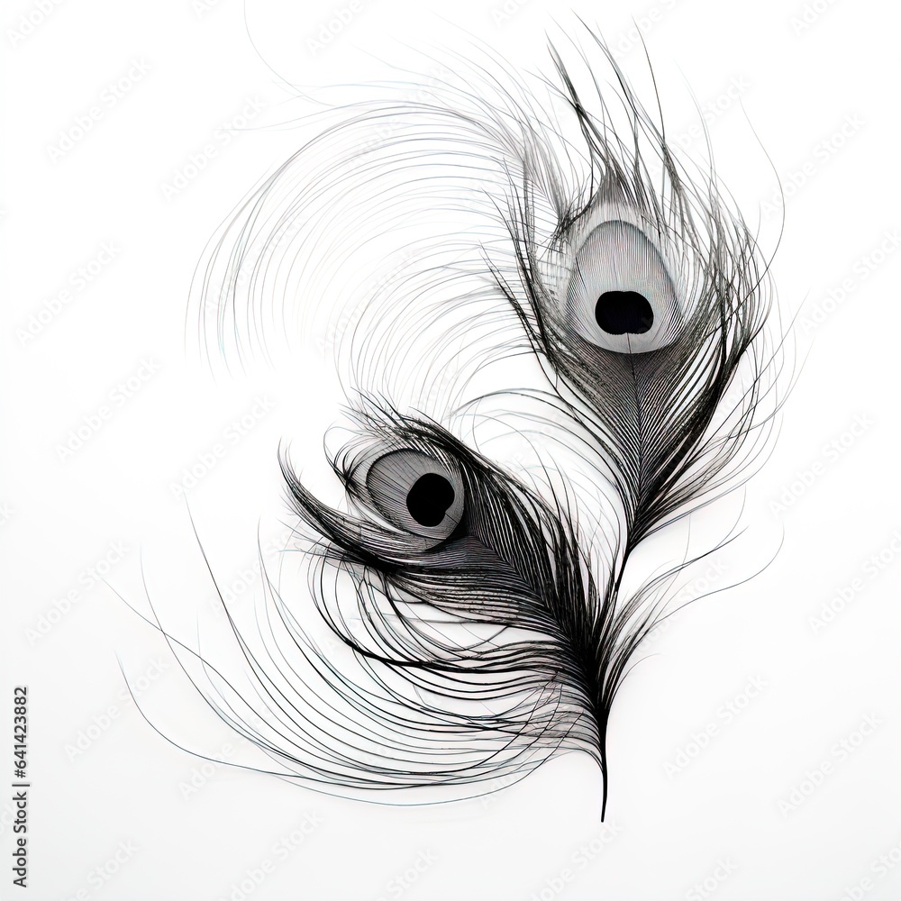 abstraction peacock feather, black and white on white background.