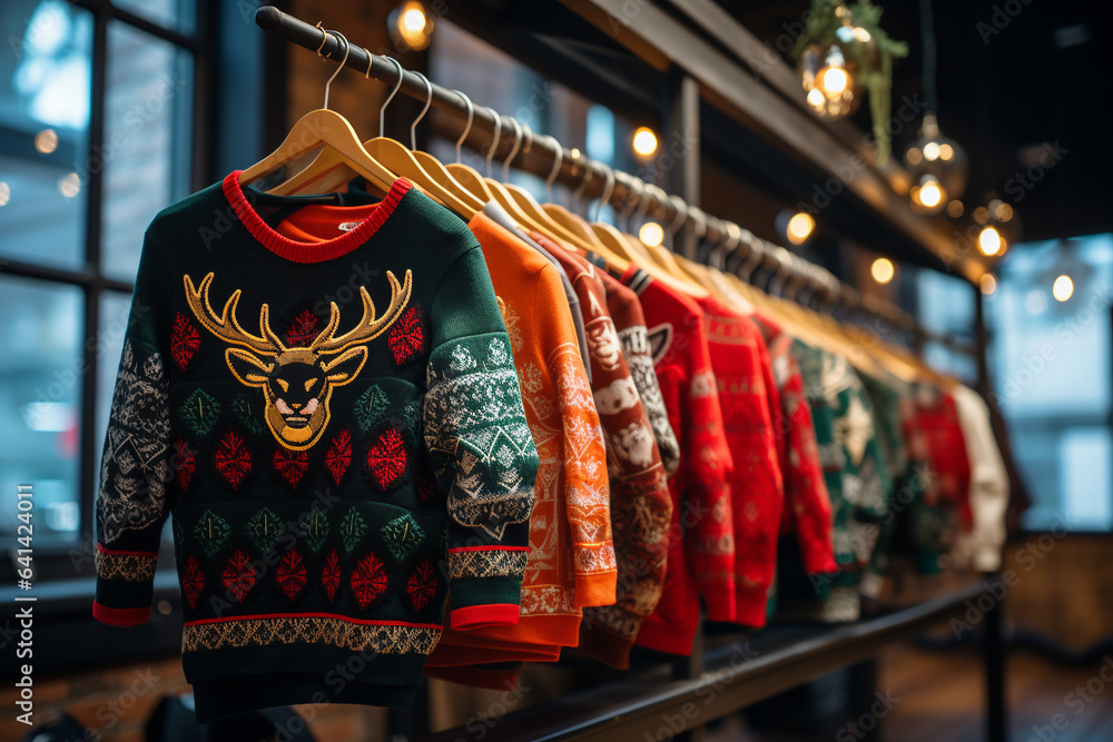 Ugly christmas jerseys hangers in a shop Ugly christmas jerseys hangers in a shop
